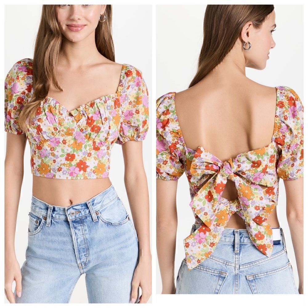 ‎Glamorous Top Womens Size Large Retro Floral back tie crop Blouse Spring summer